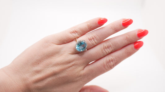 Vintage Oval 6ct Blue Topaz Diamond Halo 10k Gold Ring - Unique Engagement Ring
